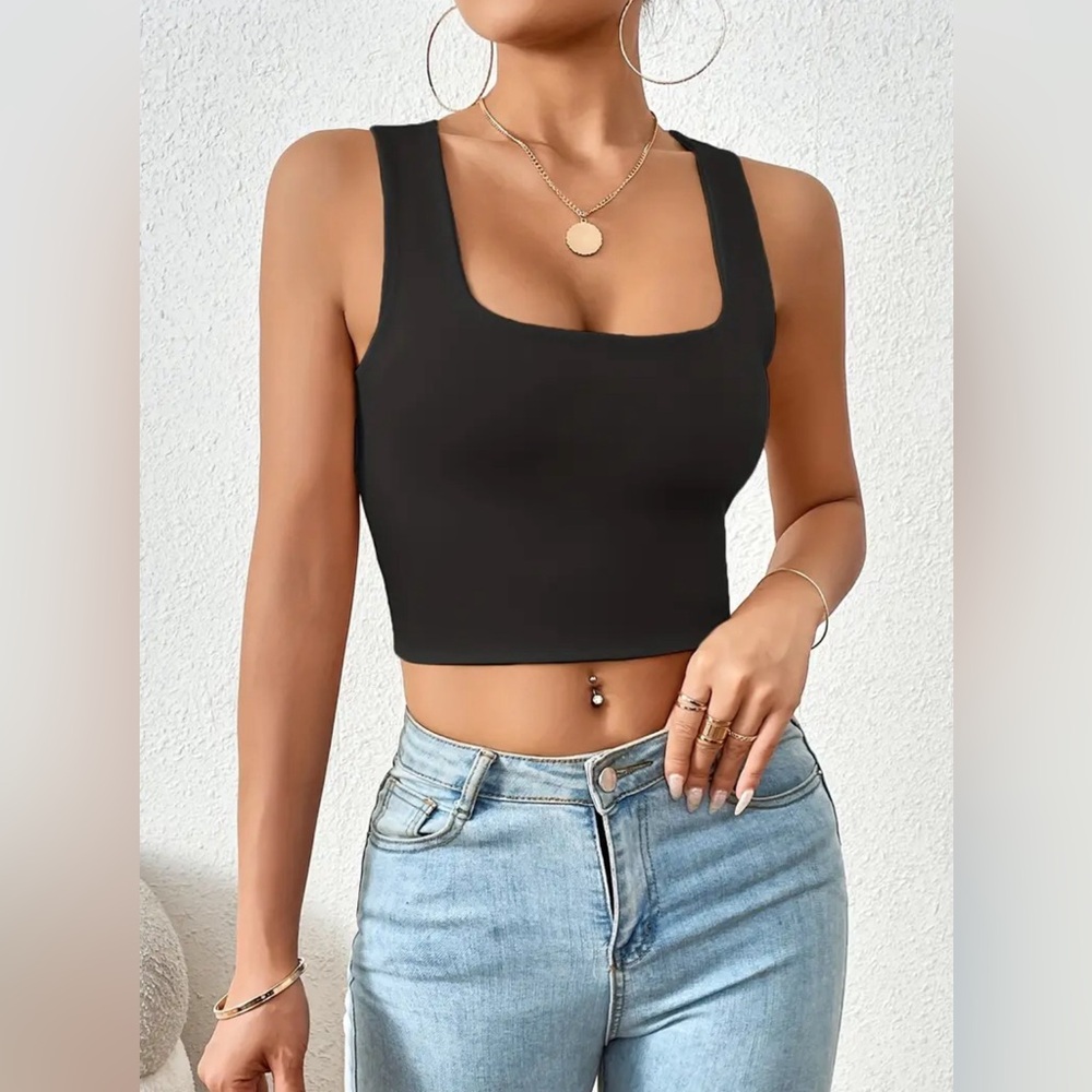 Square Neck Crop Tank Top, Solid Casual Top